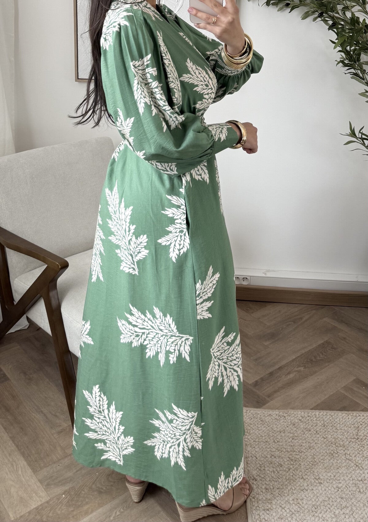 Modest Maxi shirt dress in Meadow Green with white florals & Pockets