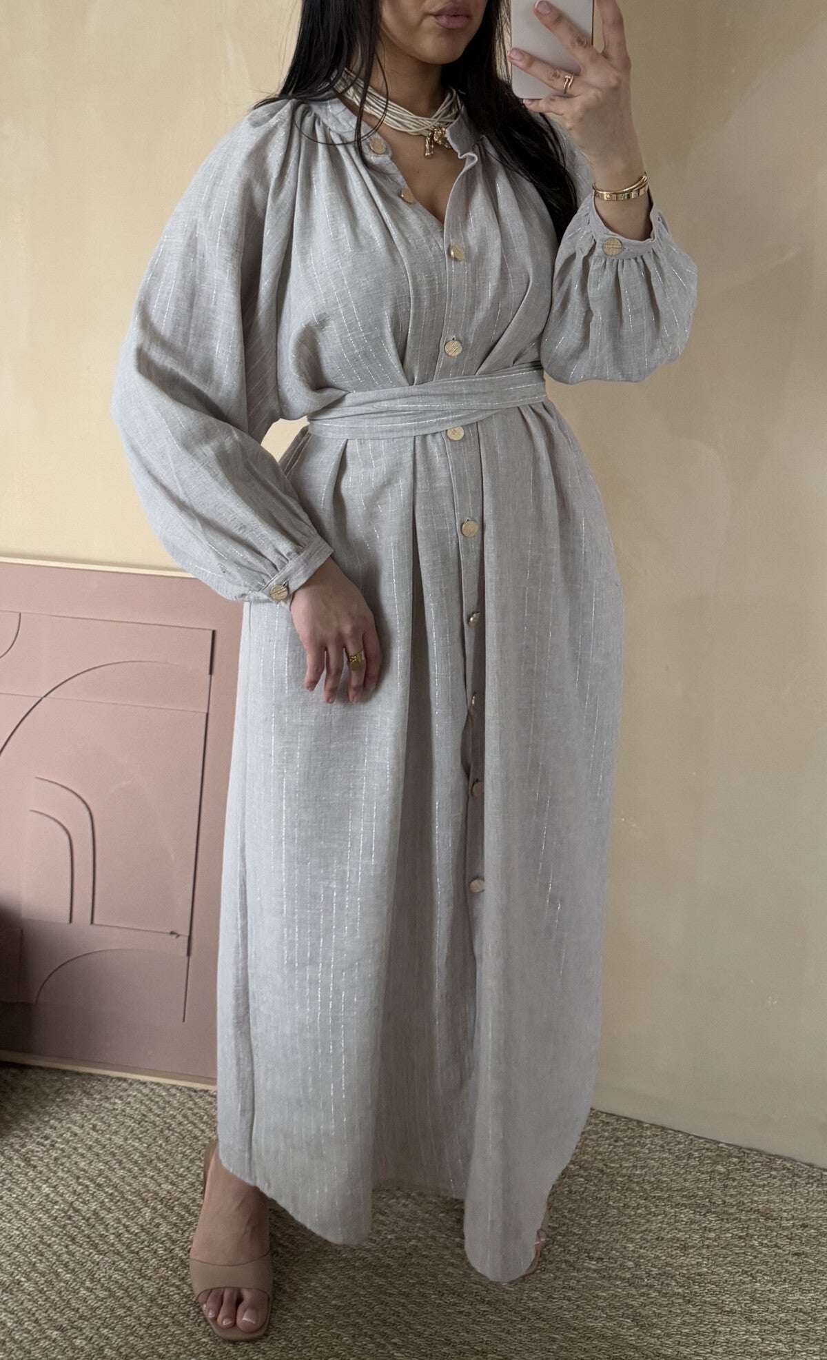 Modest Maxi shirt dress in a pin stripe linen blend-  4 shades