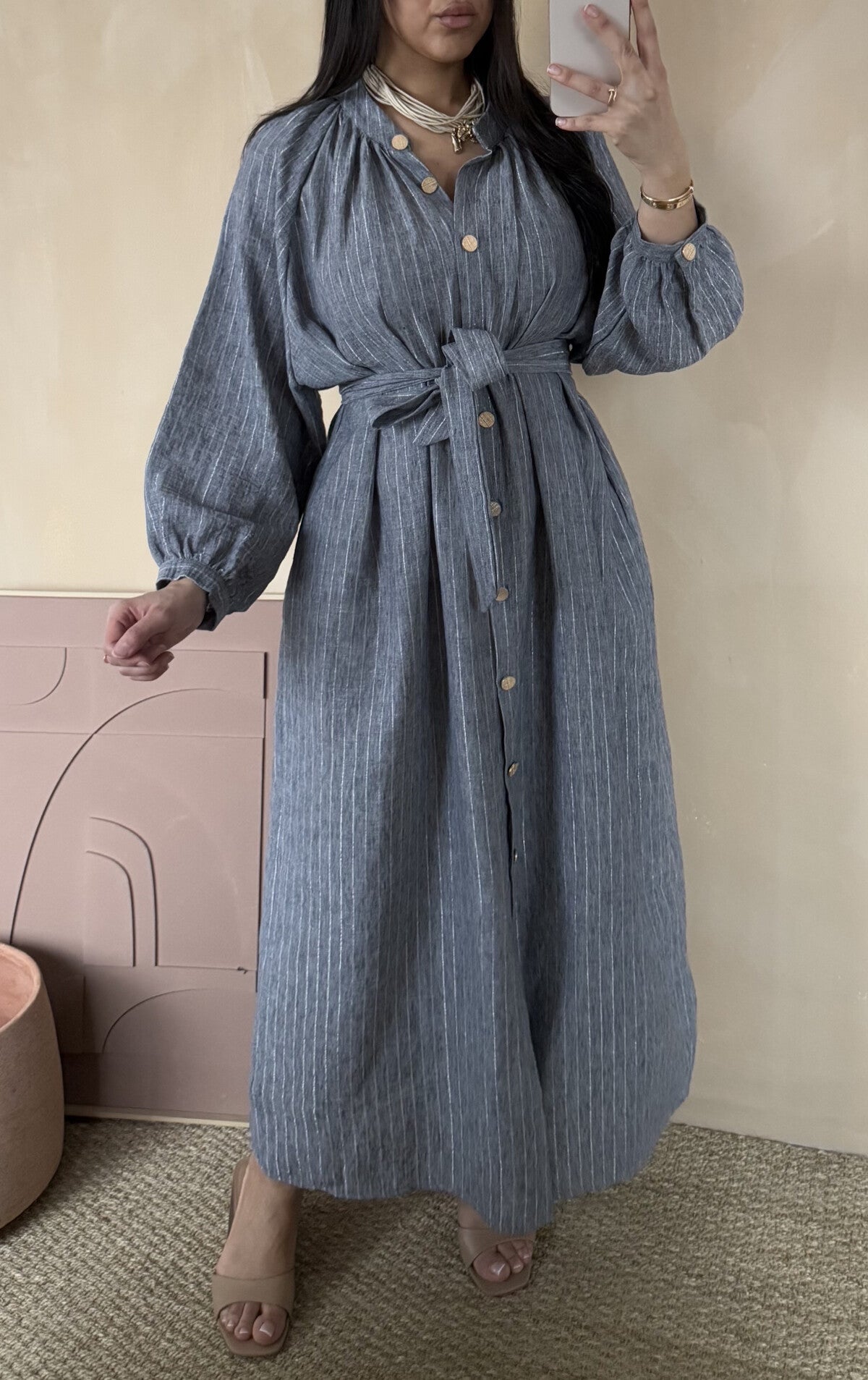 Modest Maxi shirt dress in a pin stripe linen blend-  4 shades