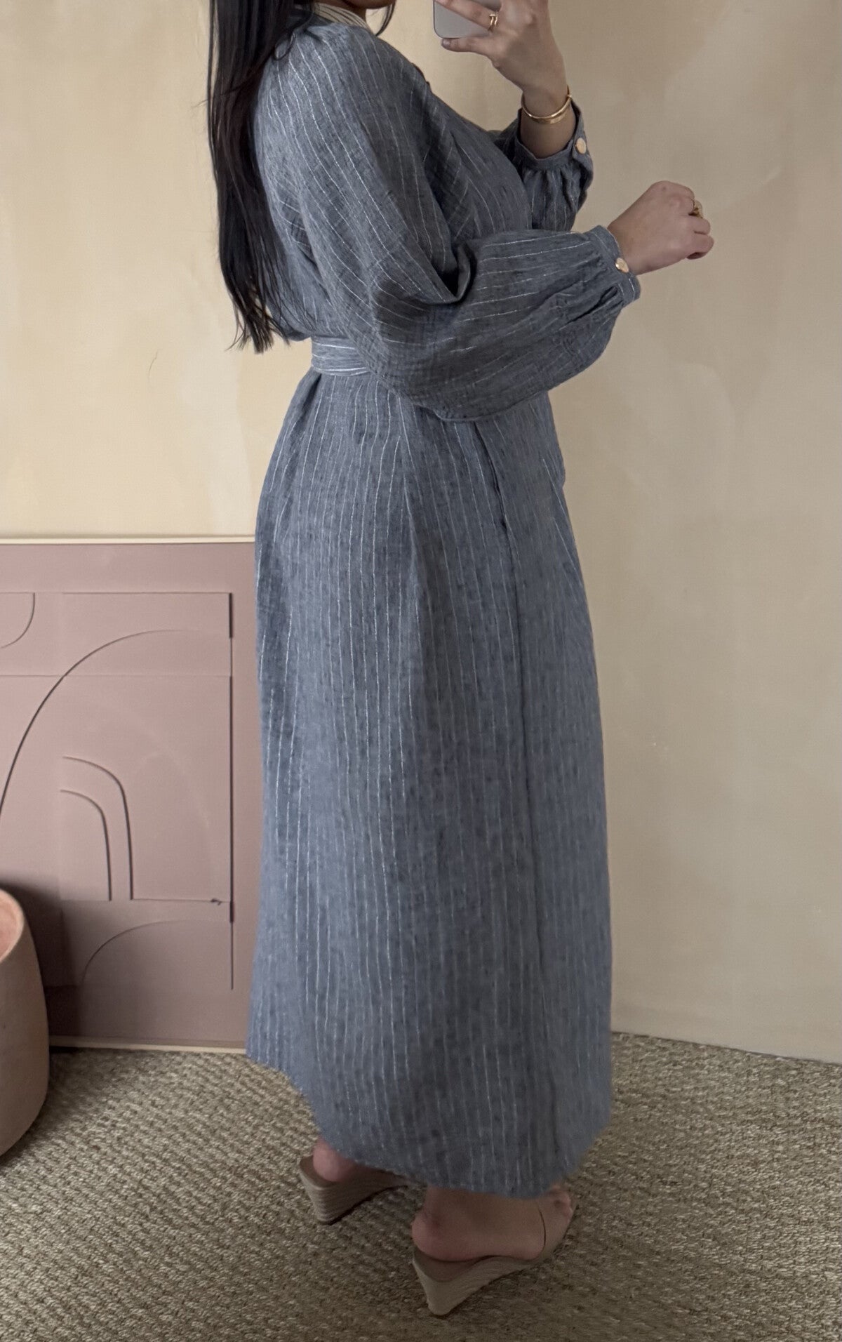 Modest Maxi shirt dress in a pin stripe linen blend-  4 shades